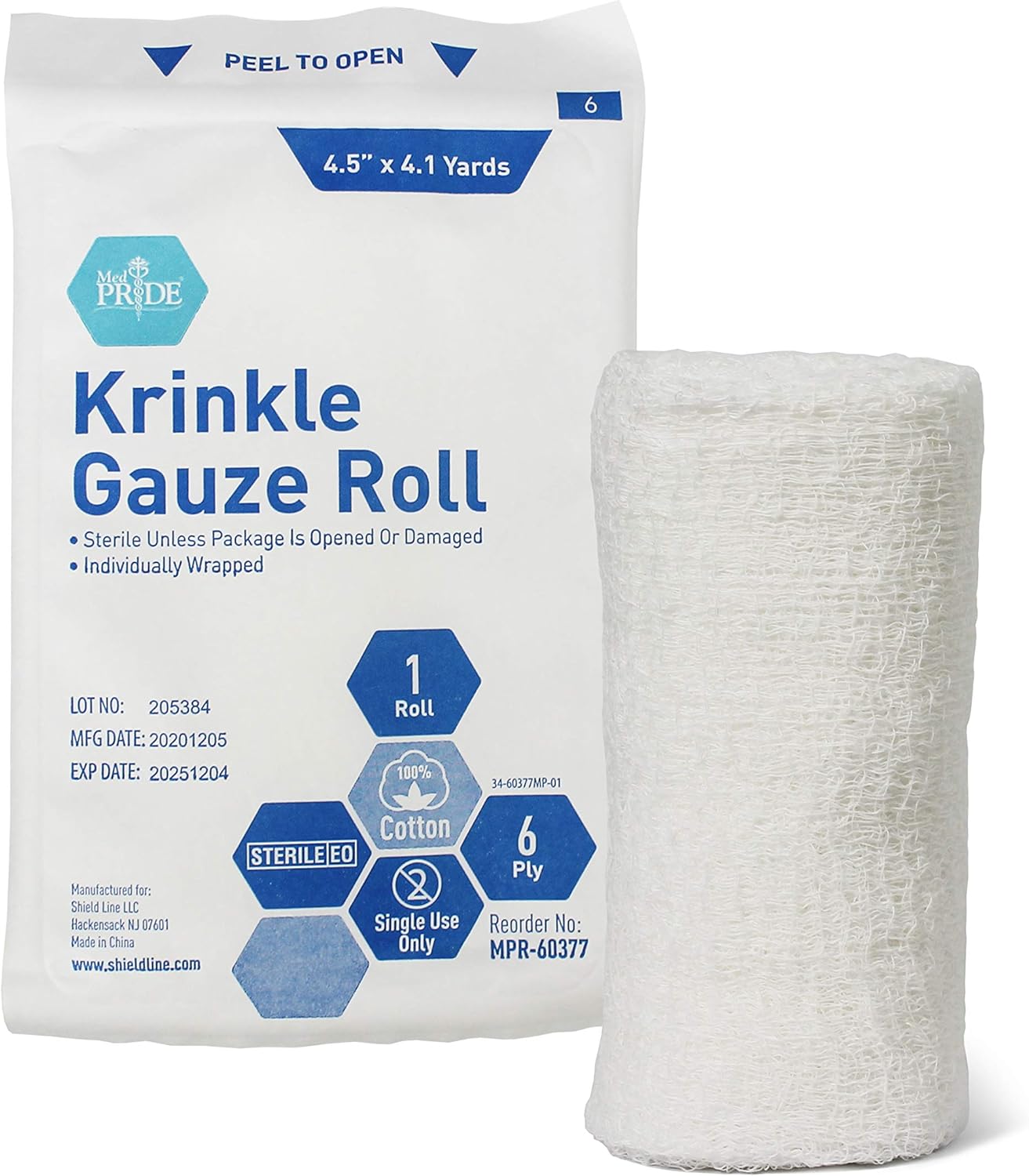 MED PRIDE Sterile Krinkle Gauze Roll 4.5in X 4.1yd 6 Ply Highly Absorbent Cotton Roll Gauze Individually Wrapped Wound Dressing (12 12 Count (Pack of 1))