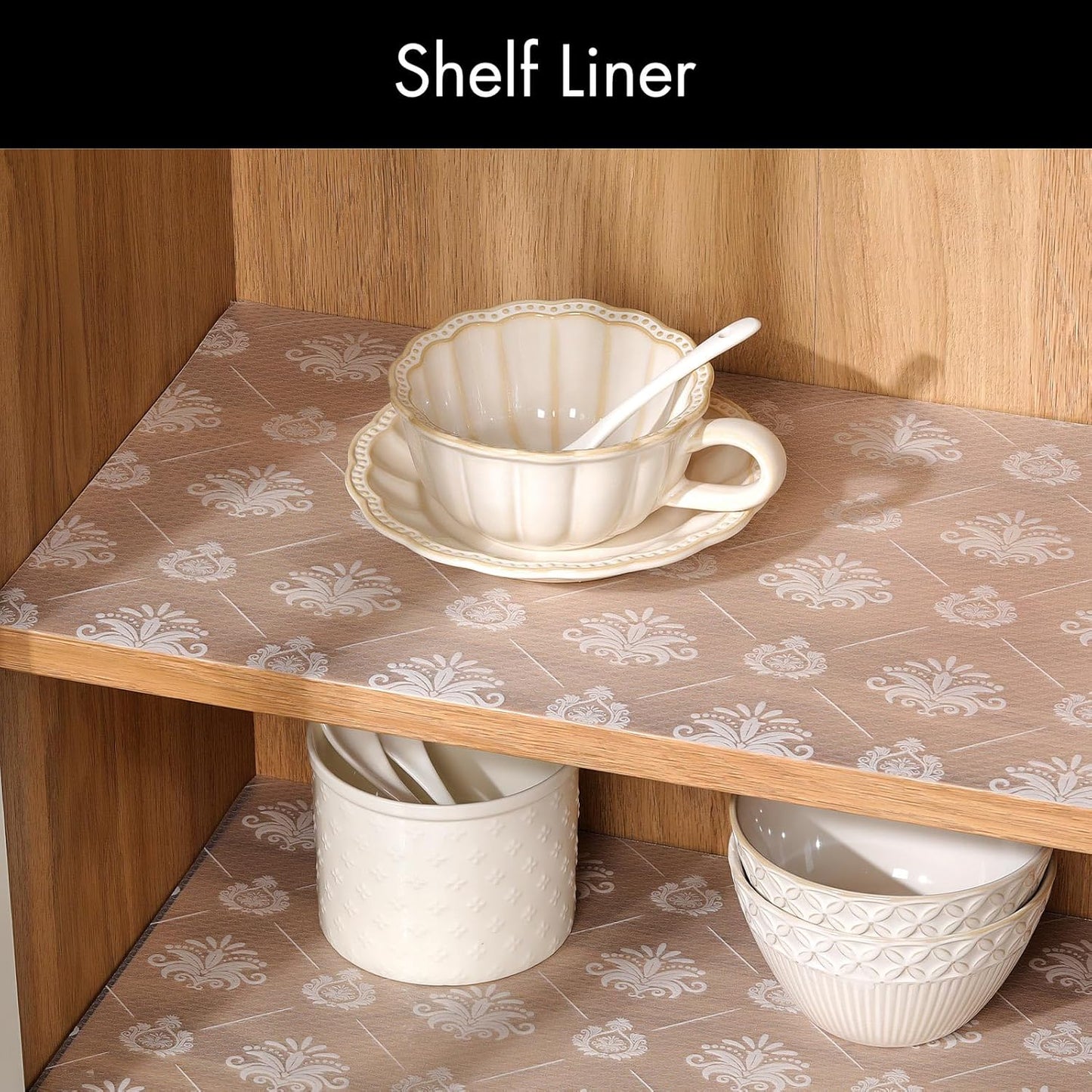 Cooyes Shelf and Drawer Liners for Kitchen Cabinets, Non-Adhesive Cabinet Liners, EVA Waterproof Durable Shelf Paper for Refrigerator, Shelves, Cupboard with European Pattern, Easy to Cut