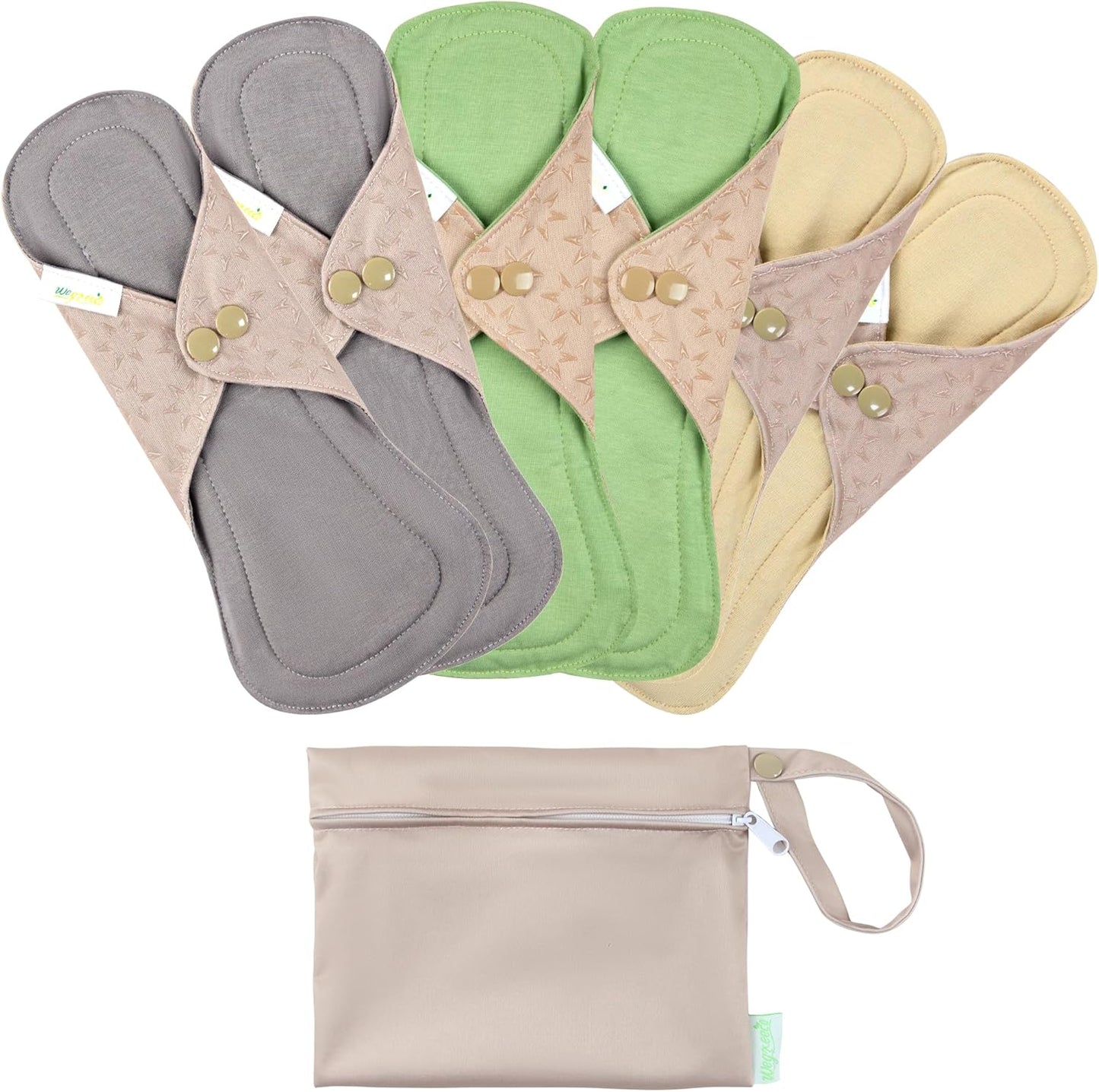 wegreeco 6 Pcs Reusable Menstrual Pads, Ultra Absorbent Cloth Pads for Heavy Flow, Sanitary for Teens, Women, Nonslip, Inner Mustard Yellow, Grey, Beige, Rose Gold Outer, L