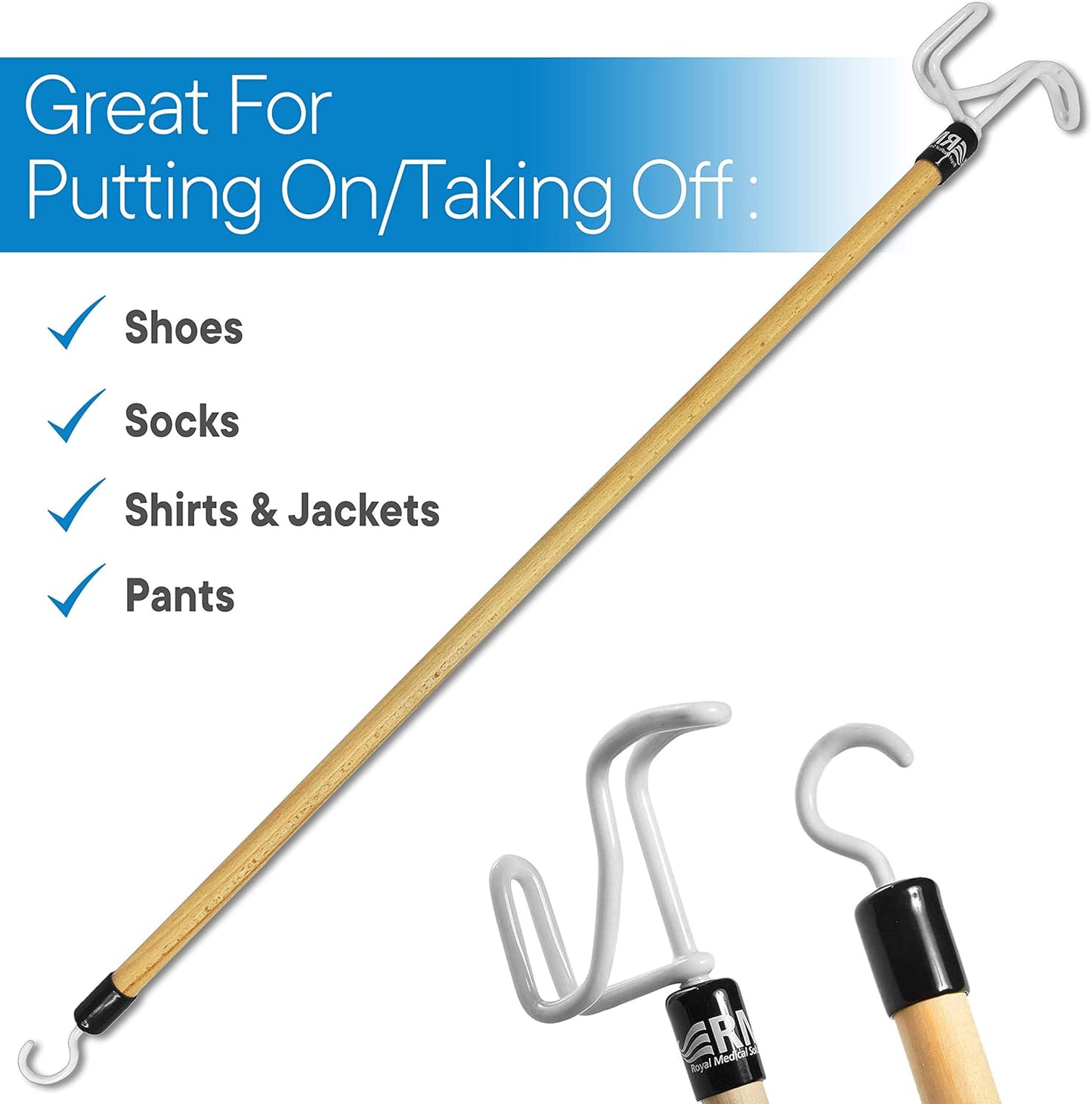 RMS Deluxe 28 Inches Long Dressing Stick - Dressing Aid for Shoes, Socks, Shirts and Pants