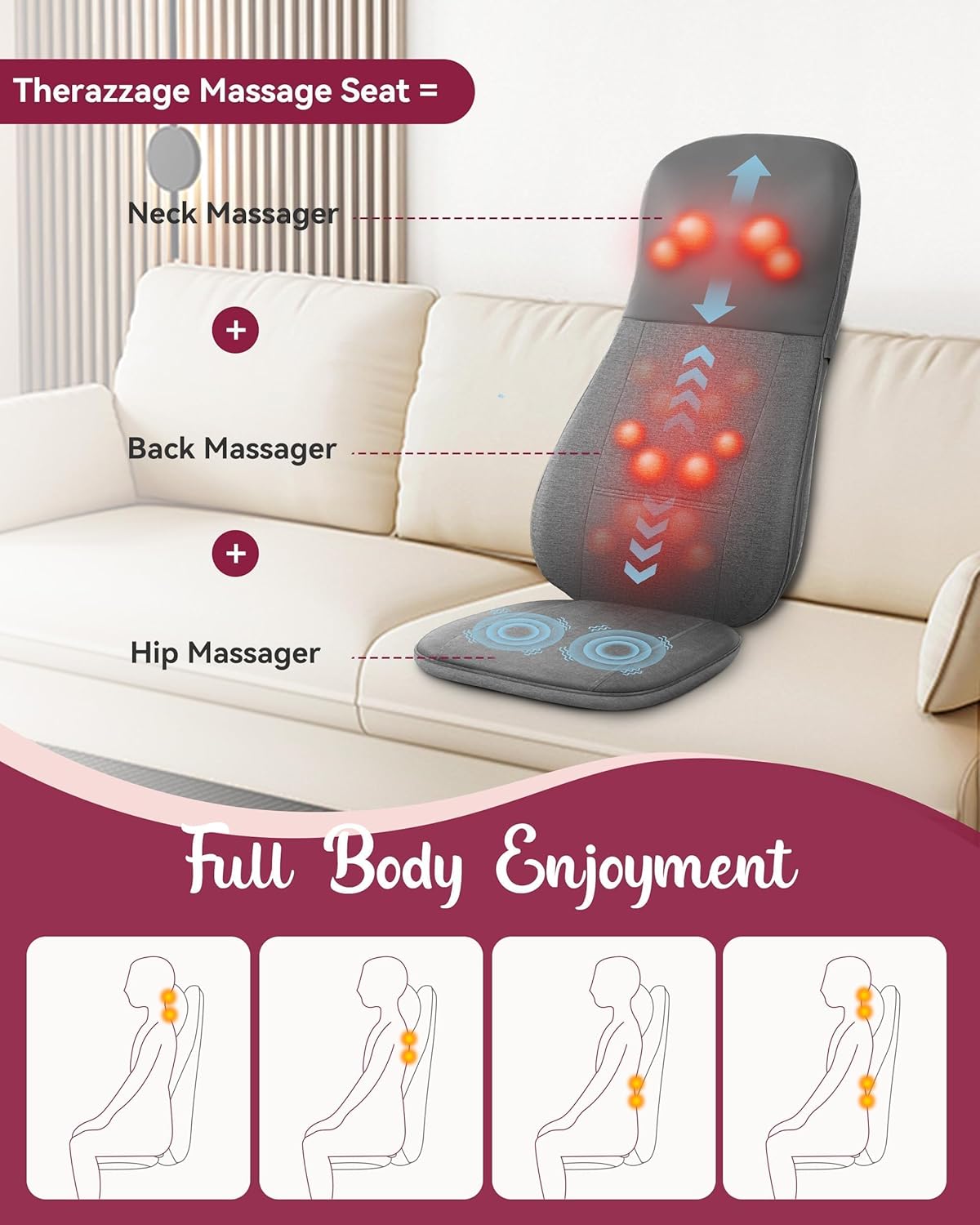 Shiatsu Back and Neck Massager with Heat, Back Massage for Chair, Kneading, Rolling, Vibration, Massage Seat Cushion, Full Body Massage Chair Pad