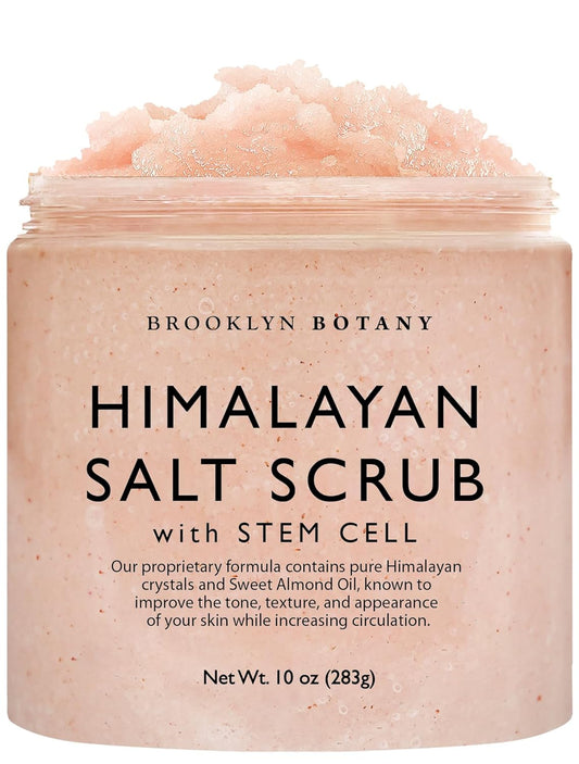 Brooklyn Botany Himalayan Salt & Stem Cell Body Scrub - Moisturizing and Exfoliating Body, Face, Hand, Foot Scrub - Fights Stretch Marks, Fine Lines, Wrinkles - Great Gifts for Women & Men - 10 oz