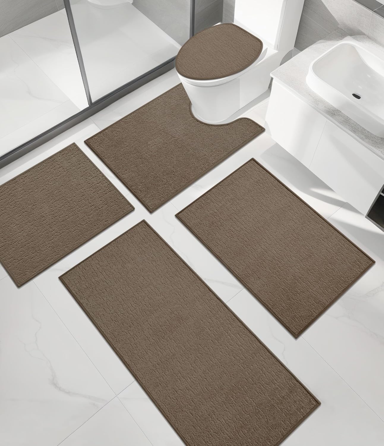 chakme Bathroom Rug Sets 5 Piece, Ultra Thin Bath Mat Quick Dry Bath Mat Set, Absorbent Bath Mat for Bathroom Non Slip Machine Washable, (Coffee, 5 Piece)