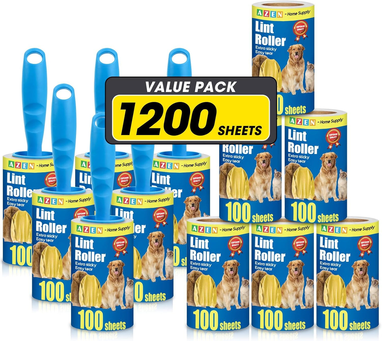 AZEN Lint Roller, Lint Rollers for Pet Hair Extra Sticky, 1200 Sheets Lint Roller with 6 Upgraded Handles, 12 Roller Portable Lint Remover for Clothes, Pet Hair Remover, Lint Rollers for Clothes