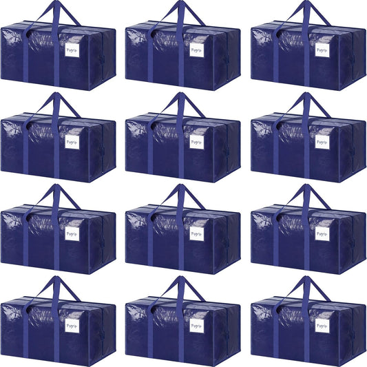 12 Pack Extra Heavy Duty Large Moving Bags with Strong Zipper & Comfortable Handles, Sturdy & Durable Clothes Storage Bags Totes Bins, Packing Moving Boxes for College Supplies, Dark Blue