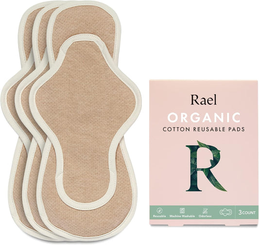 Rael Reusable Pads, Organic Cotton Cover Pad - Postpartum and Period Essential, Heavy Absorbency, Thin Cloth, Leak-Free, Washing Machine Safe (3 Count, Large)