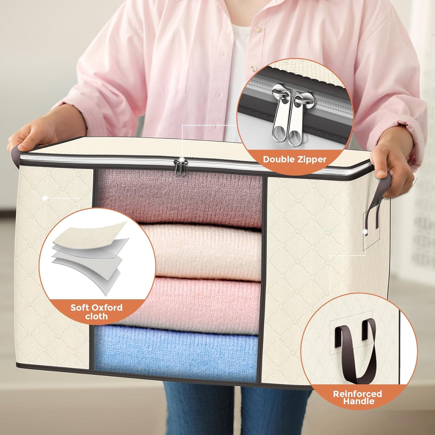 90 L Large Storage Bags, 4 Pack Clothes Storage Bins Foldable Closet Organizers Storage Containers with Reinforced Handle for Clothing, Blanket, Comforters, Bed Sheets, Pillows and Toys (Beige)