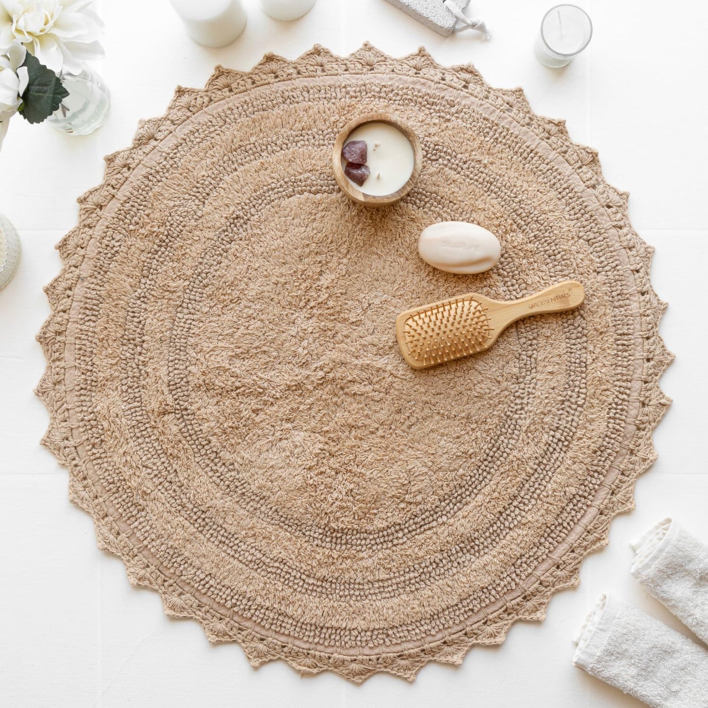 RAJRANG Circle Bathroom Mat for Kitchen and Spa with Crochet Pattern Cotton Absorbent Soft Reversible Woven Bath Rug Sand Round 24 Inches