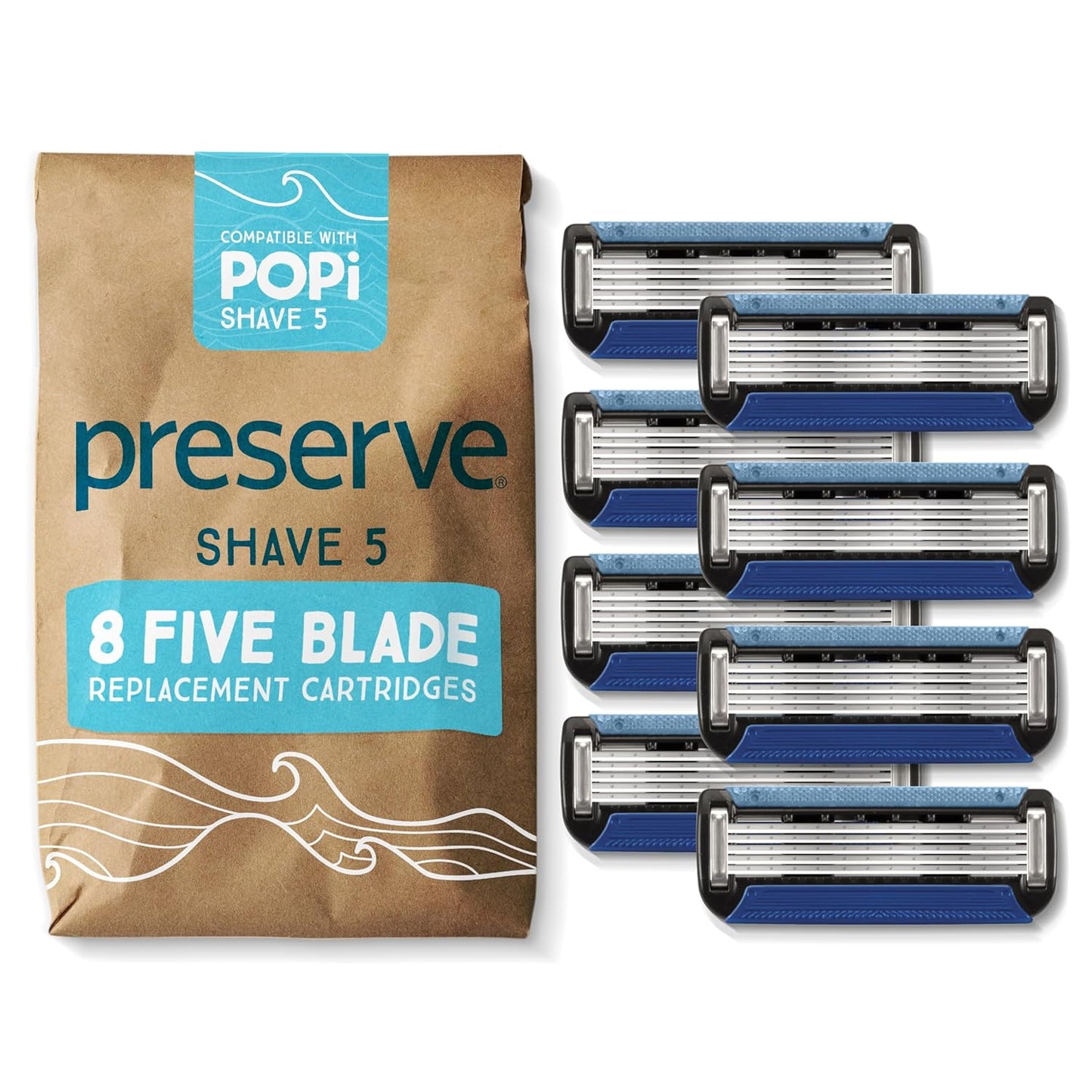 Preserve POPi Shave Razor Blades Refills - 5 Blade Razors for Men & Women - Ceramic Coated Shavers for Comfort with Aloe-Cocoa Butter Strip - Reusable Shaving Refill - 8 Pack