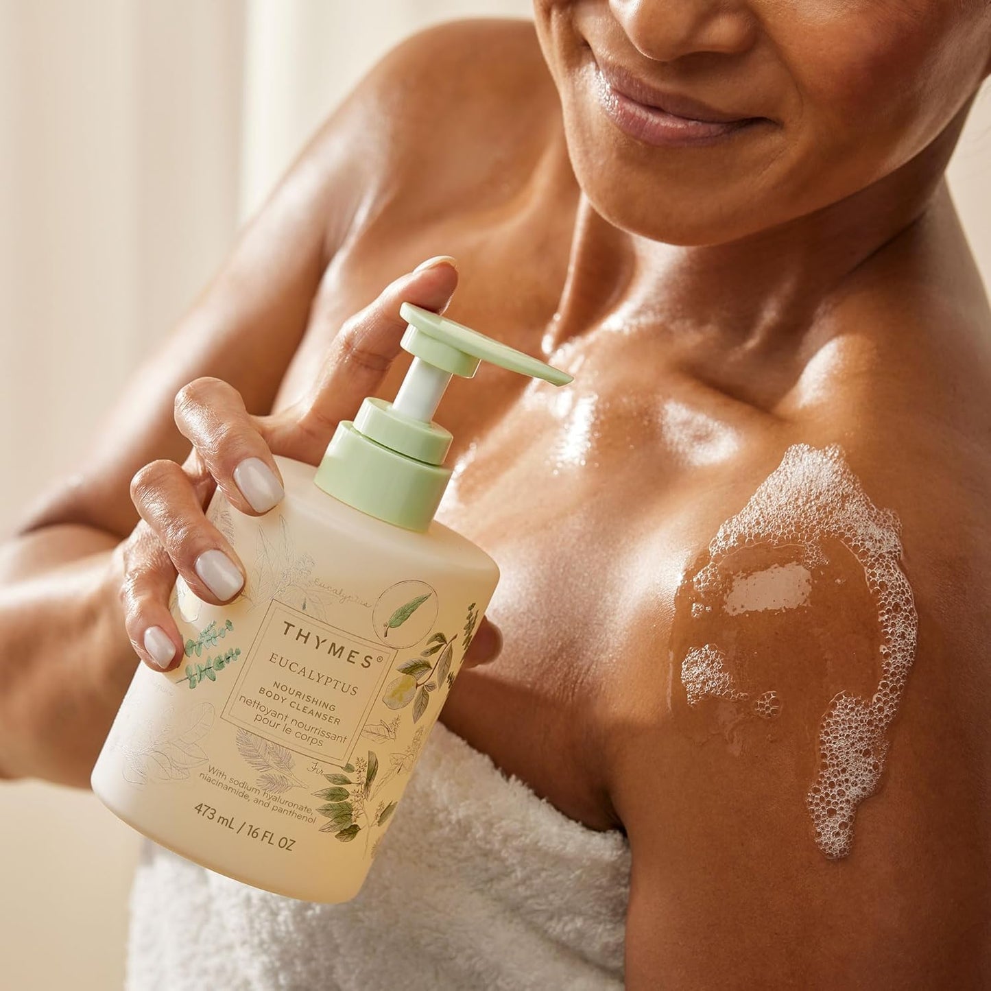 Thymes Nourishing Body Cleanser - Large Moisturizing Body Wash with Pump - Hydrating Cleanser - Notes of Eucalyptus Oil, Lemon, Petitgrain, Bergamot, Lemongrass, & Lush Fir (Eucalyptus, 16 fl oz)