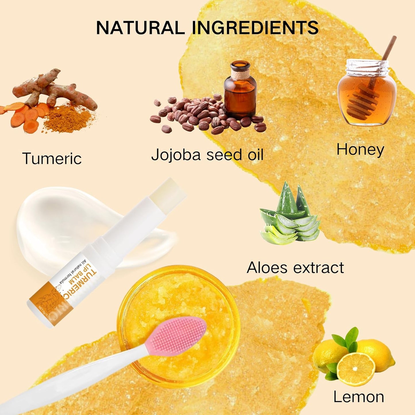 3PCS Turmeric and Lemon Lip Scrub & Turmeric Lip Balm with Brush Set, Eliminate Lip Fine Lines, Lip Scrubber Exfoliator, Natural Nourish Sugar Lip Scrub for Dry, Dull Chapped, Dark Lips