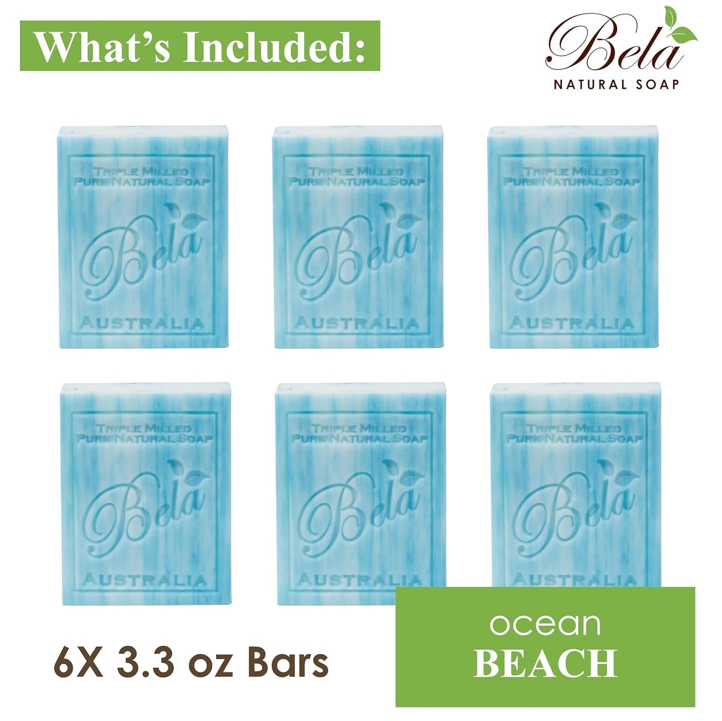 BELA Ocean Soap 3.3 OZ Pack of 6, Long Lasting French Triple Milled Bar Soap with Organic Shea Butter, Hand, Face and Body Wash Bar, Made in Australia