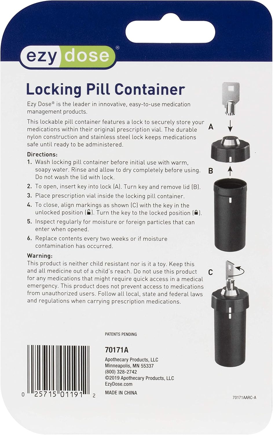 EZY DOSE Pill Box and Medicine, Vitamin Container, Safe for Money & Travel Items, Perfect for On-The-Go, Durable Canister, 2 Keys with Lock, Large, Black, BPA Free