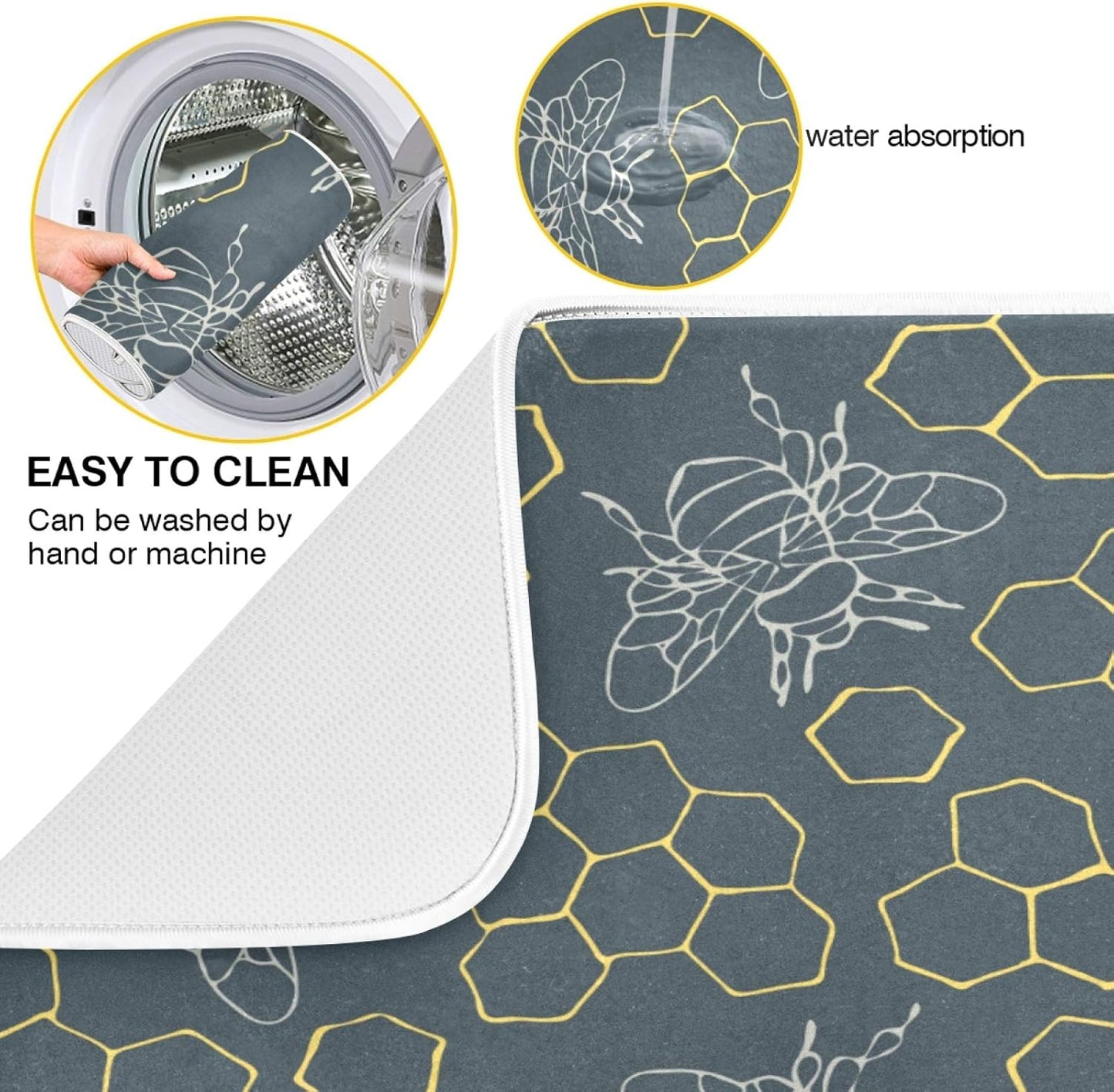 Dish Drying Mat for Kitchen Counter Bees and Golden Hive Absorbent Microfiber Drying Pad Dish Drainer Mat 18 x 16 Inch Reversible Bottles Dish Dry Pad