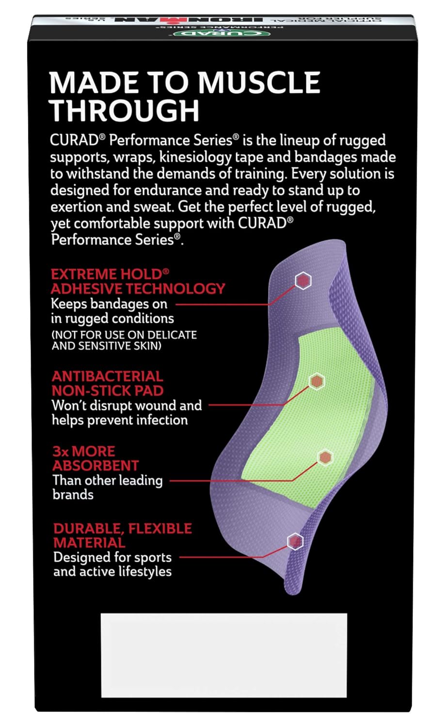 CURAD Performance Series IRONMAN Antibacterial Bandages, Extreme Hold Adhesive Technology, Extra Large Flexible Fabric Bandages for Cuts, Scrapes, & Burns, Assorted Colors, 2 x 4 inches, Pack of 3