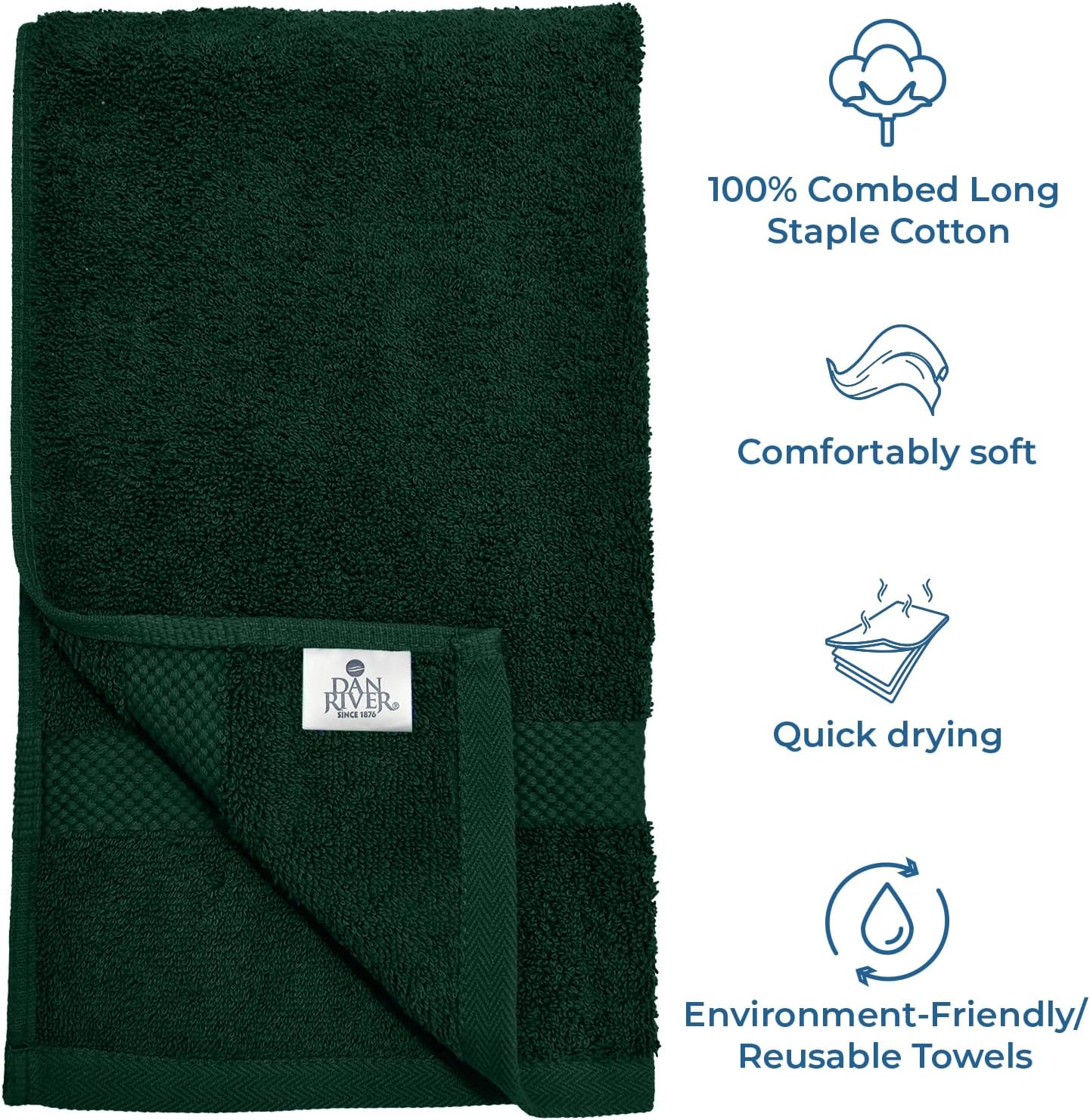 DAN RIVER 6-Pack Premium Hand Towels (16x28 Inches) - 100% Cotton, Ultra Soft, Lightweight, Highly Absorbent Towels for Bathroom, Spa, Gym, Salon, Hotel, and Travel - 550 GSM, Hunter Green