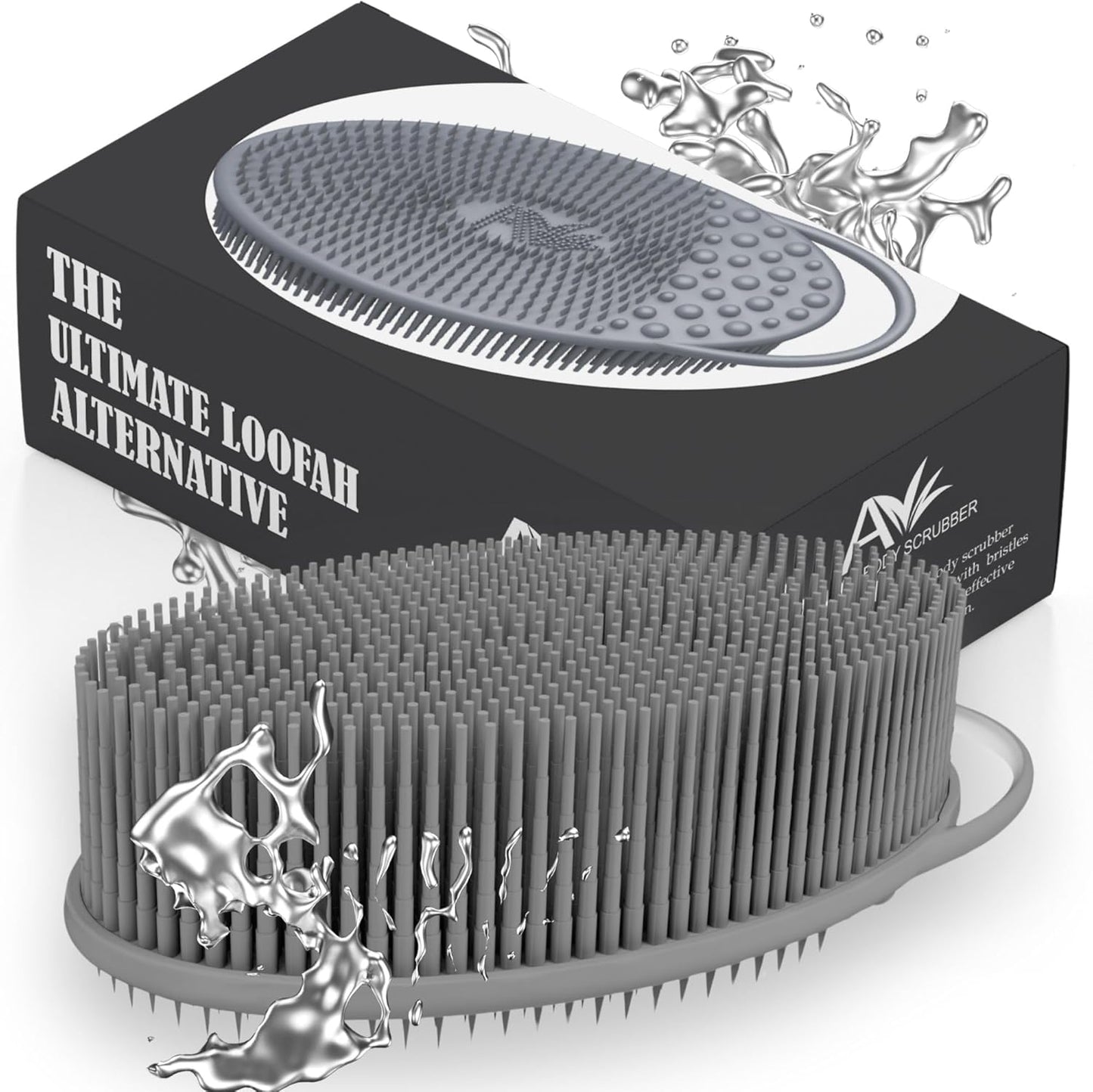Avilana Silicone Body Scrubber - Food Grade & Lab Tested, Gentle Exfoliating Shower Brush for All Skin Types, Hygienic Quick-Dry Loofah Alternative (Gray, Exfoliate-Silver)