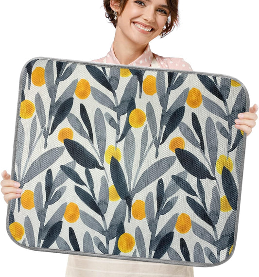 SHIYUE Dish Drying Mat for Kitchen Counter Super Absorbent Spring Kitchen Decor Microfiber Drying Matainers Rack Fast Pad Dish Drainer Mats(Watercolor Leaves,18''x24'')