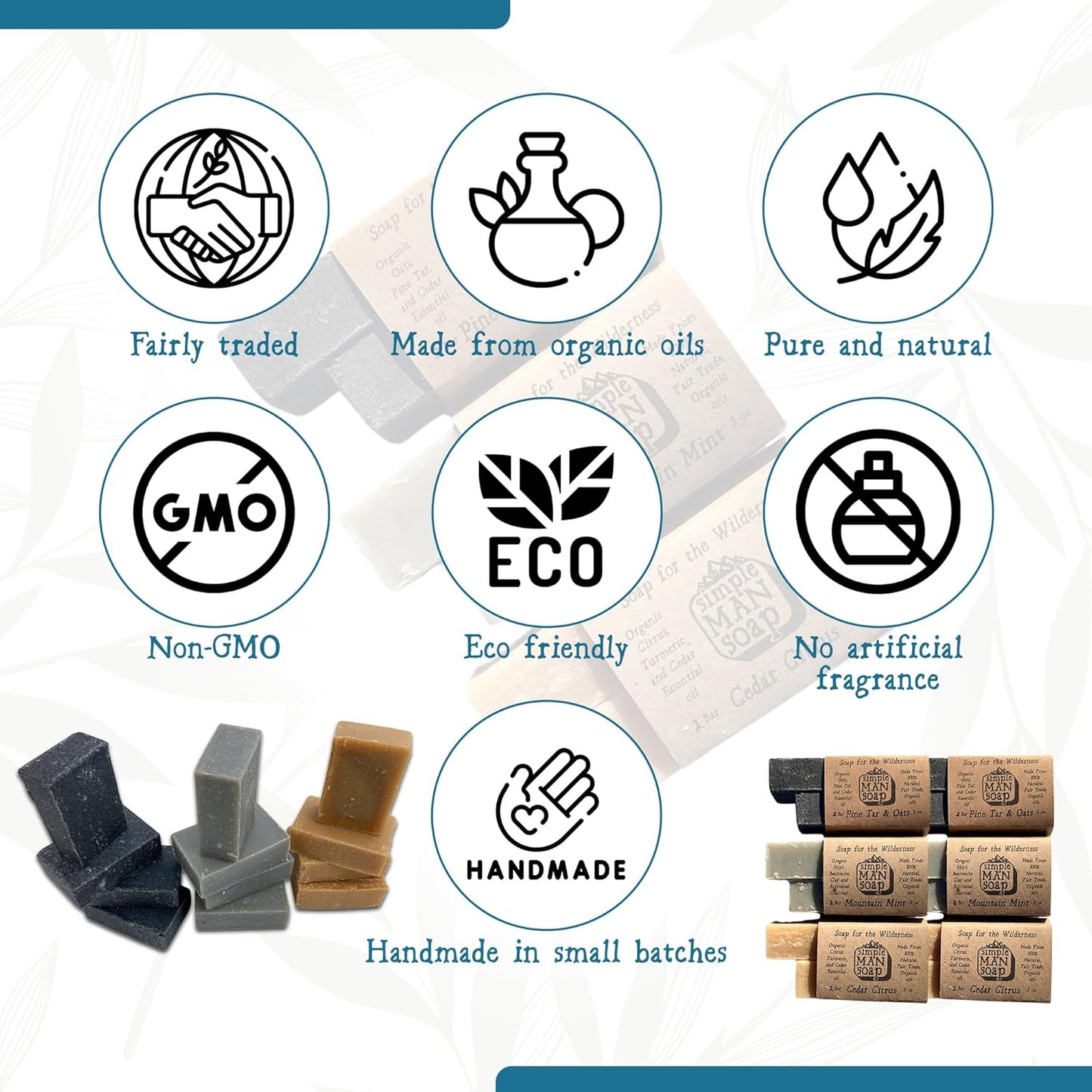 SimpleMan Soap Bar (Pine Tar/Cedar Citrus/Mint) - Men’s soap with Organic & Fair Trade Essential Oils - All Natural Man Bath Soap Bars-Pack of 12-2.5 Ounce bars(30 Ounces Total)