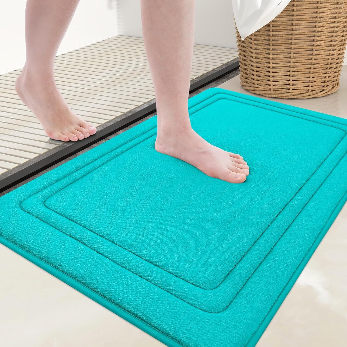 Grandaily Memory Foam Bath Mat Rug 24x16, Ultra Soft, Non-Slip and Absorbent Bathroom Rugs, Machine Wash Dry, Comfortable Bath Carpet for Bathroom Floor, Tub and Shower, Teal