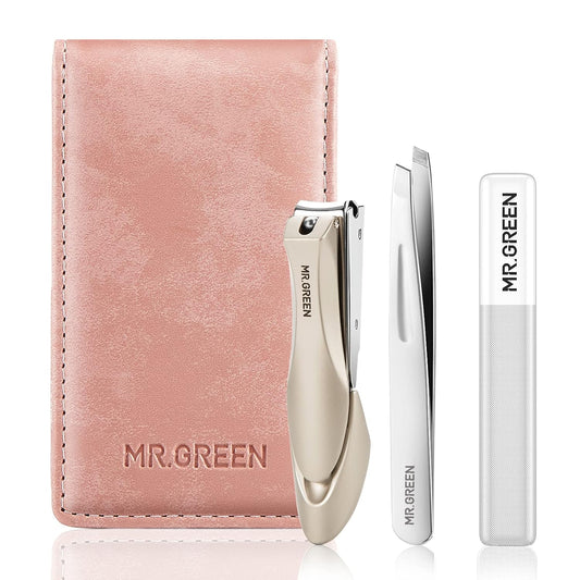 MR.GREEN Nail Clipper 3Pcs Set, Stainless Steel Manicure Pedicure Set with Nail Clippers, Glass Nail File & Tweezers, Medical Grade Grooming Kit with Travel Case Gift Box for Man & Woman (Pink)