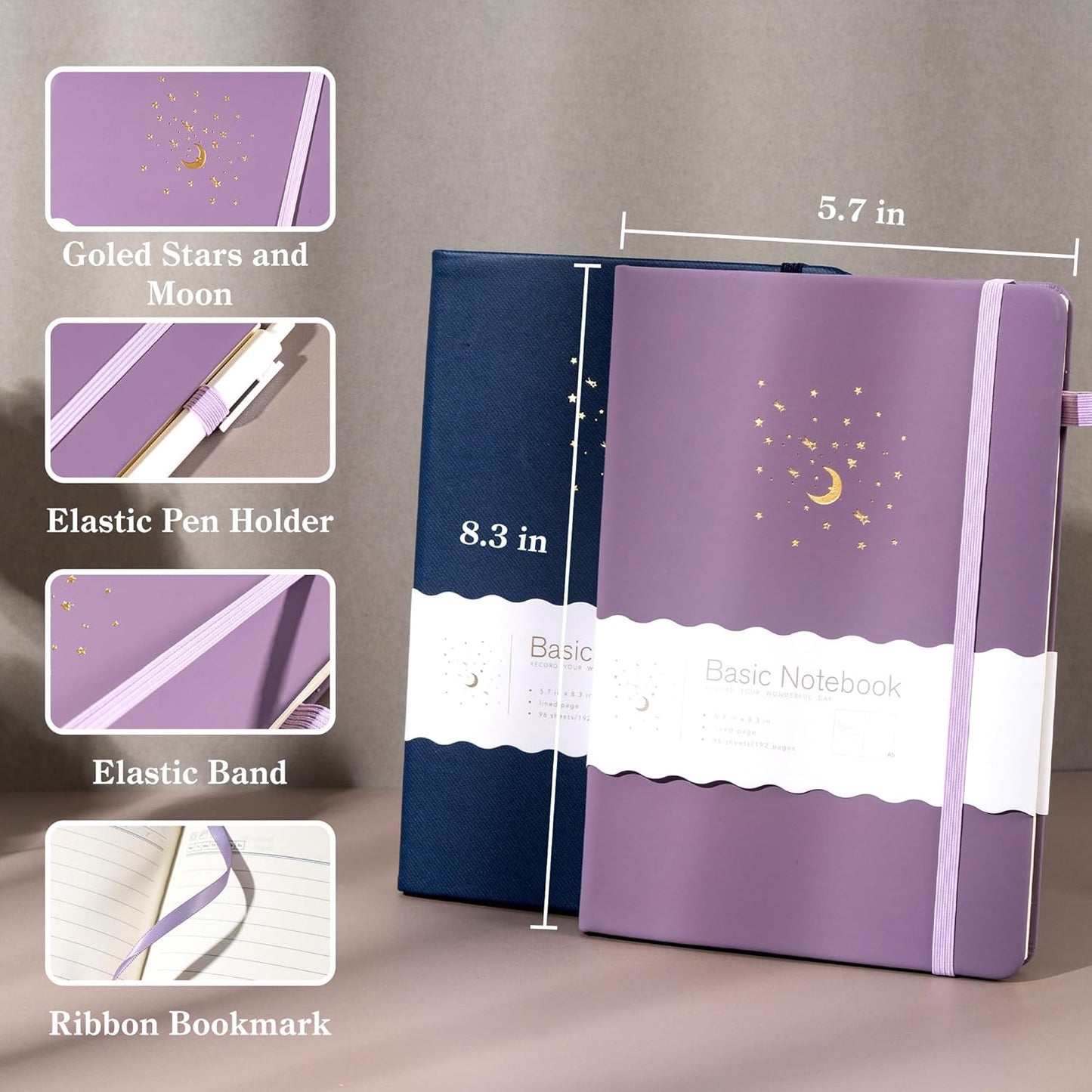 CAGIE Blue& Purple Journal Notebooks for Work, 2 Pack 192 Pages Lined Journaling Notebook, Hardcover Journals for Women Men Writing Gifts, 5.7" x 8.3"