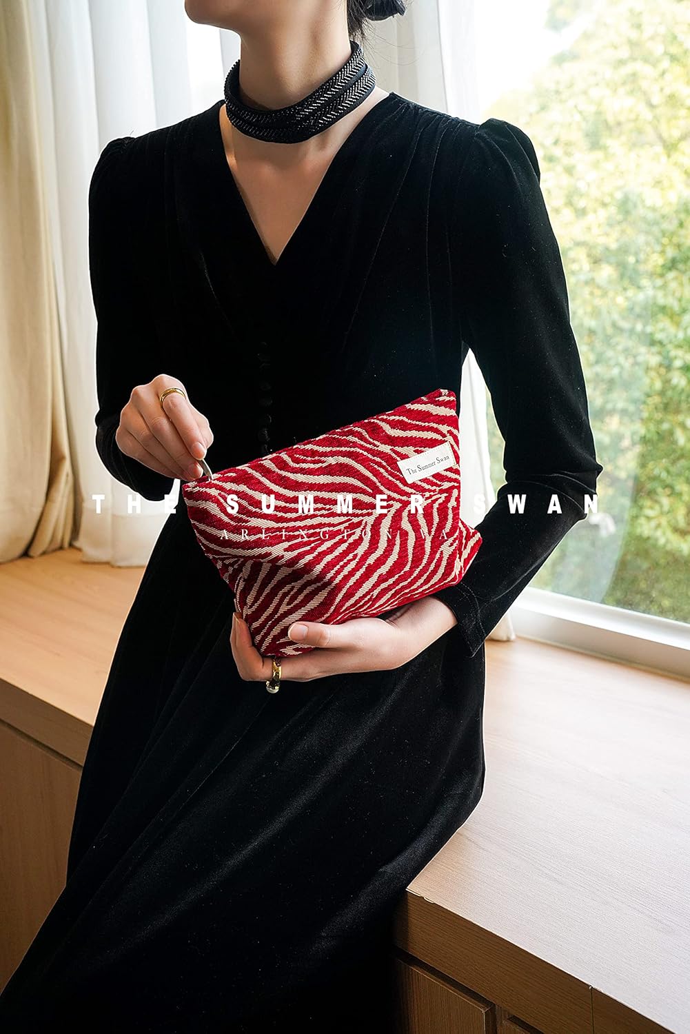 The Summer Swan | Large Aesthetic Floral Mid-day Clutch Period Kit Hygiene Skincare Cute Makeup Bag (Velvet Zebra Print Red)