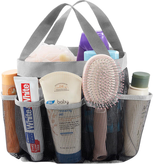 Lifewit Mesh Shower Caddy Freestanding Portable Shower Tote Bag for College Dorm, Bathroom, Gym, Quick Dry Hanging Shower Organizer with 7 Storage Pockets for Toiletry Essentials, Large, Light Gray