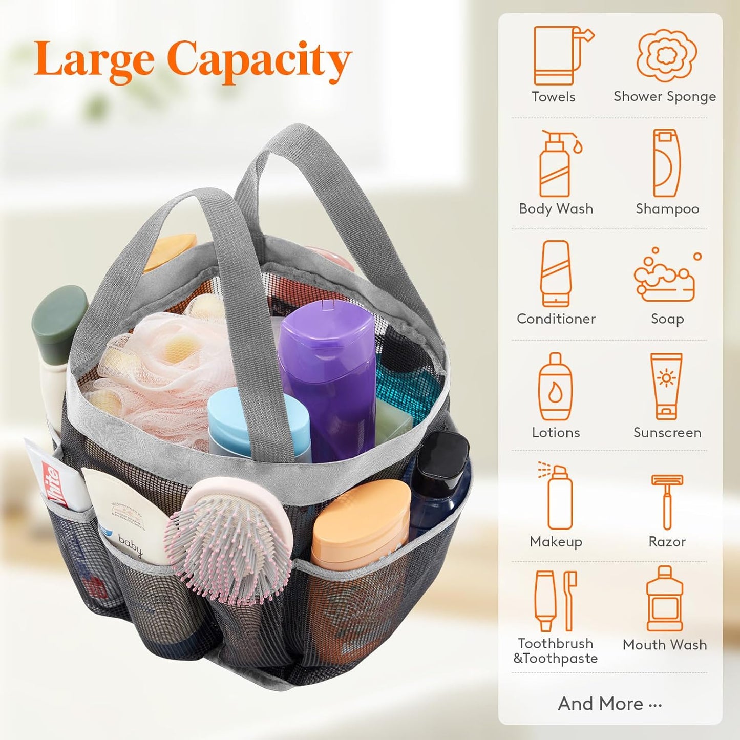 Lifewit Mesh Shower Caddy Freestanding Portable Shower Tote Bag for College Dorm, Bathroom, Gym, Travel, Quick Dry Hanging Organizer with 7 Storage Pockets for Toiletry Essentials, Grey