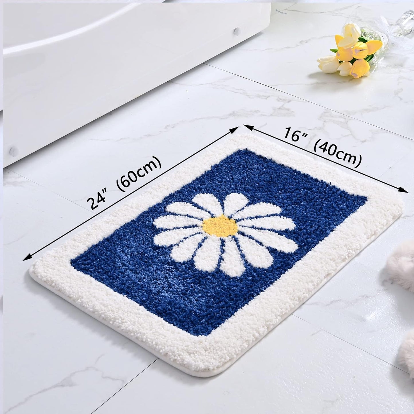 Bath Mat, White Flower, 16"x24", Non Slip, Machine Washable