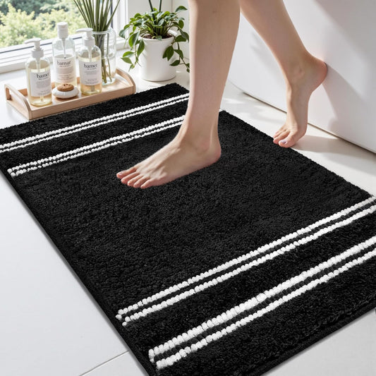 Bathroom Rugs 17x24 Extra Soft Absorbent Bath Mat Chenille Non Slip Shower Mat Rubber Backing Machine Washable Bath Mats for Bathroom Shaggy Black Bath Rugs for Tub, Hallway