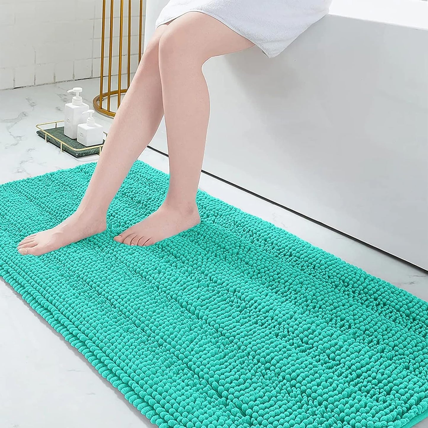 Grandaily Chenille Striped Bathroom Rugs 70x24, Extra Thick and Absorbent Bath Mats, Non-Slip Soft Plush Shaggy Shower Carpet, Machine Wash Dry, Bath Rug for Bathroom, Teal