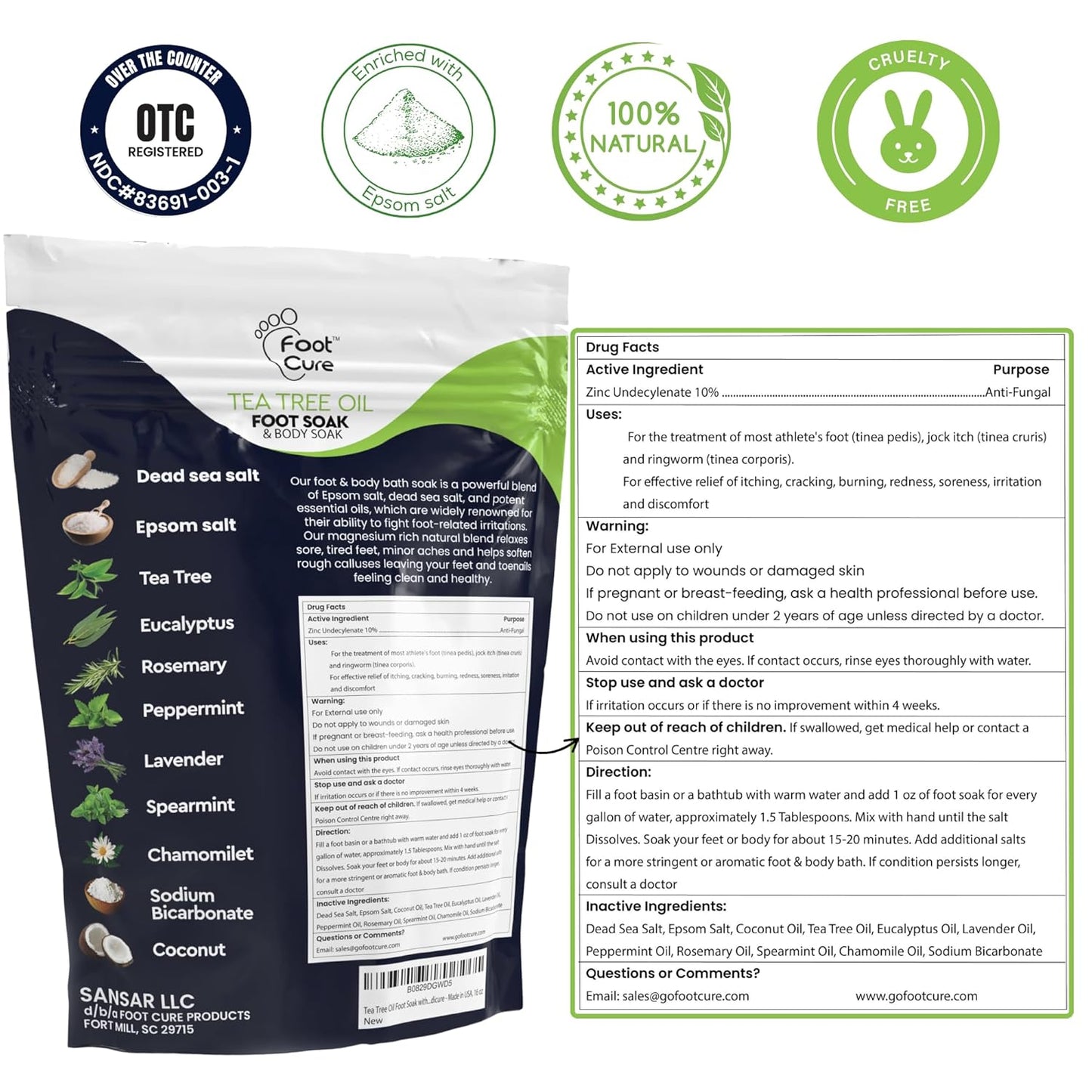 FOOT CURE Premium Epsom Salt Foot Soak - Tea Tree Oil Foot Soak for Athletes - Relaxing Foot Bath with Fungal Support - Foot Soaking Salts & Oils - Soothing for Tired Feet & Calluses (Pack of 4)