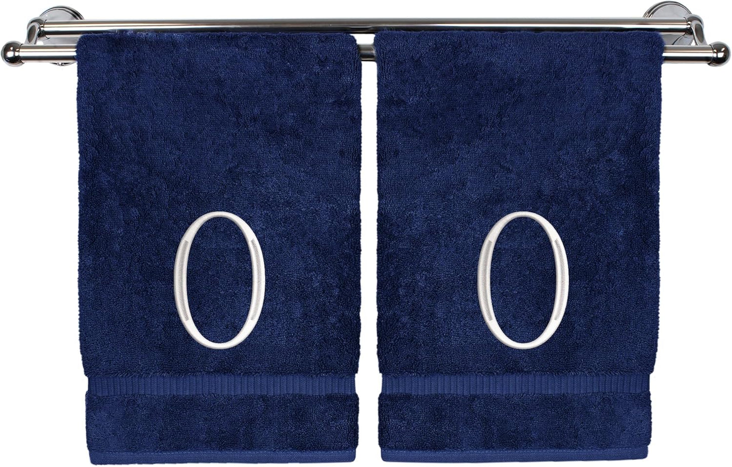Monogrammed Hand Towel, Personalized Initial Gift, Extra Absorbent 100% Turkish Cotton - Soft Terry Finish - Set of 2 - White Block Initial O - Embroidered on Navy Blue Towels