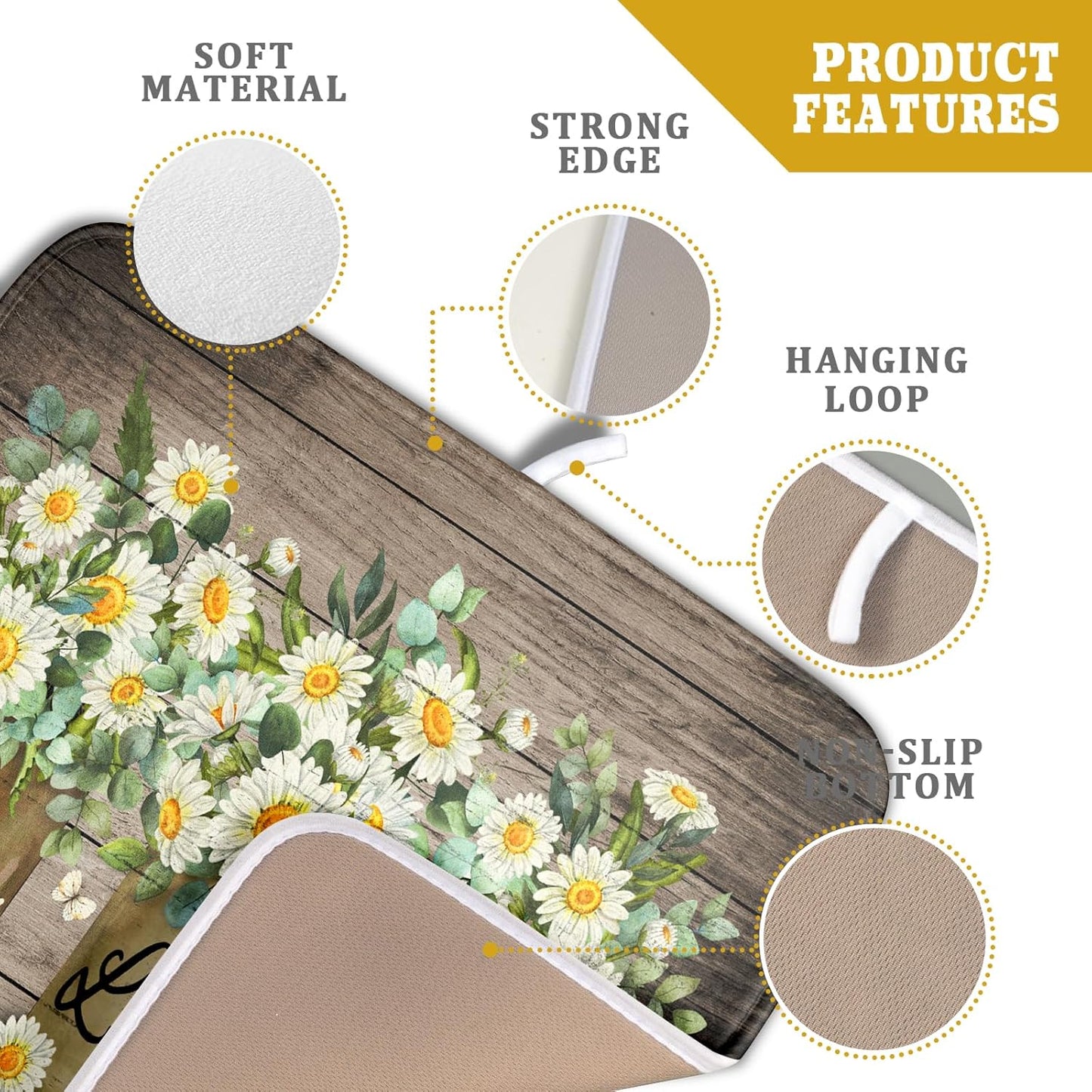 Flower Vase Dish Drying Mats 16x18 Inch Rustic Wood Reversible Microfiber Kitchen Countertop Protector Fast Dry Dish Drainer Rack Pad