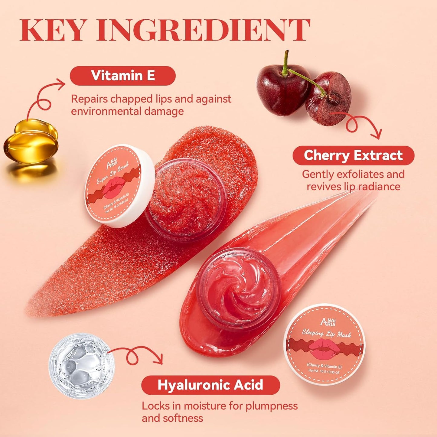 ANAI RUI Cherry Lip Scrub & Lip Mask Set, Vitamin E, Hyaluronic Acid & Shea Butter, Lip Scrubber Exfoliator,Hydrating Lip Mask Overnight, Sugar Scrub for Dry Chapped Lips, Stocking Stuffers for Women