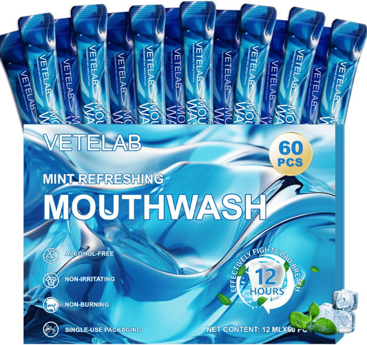 Portable Travel Size Mouthwash Packets - TSA-Approved Mini Mint Mouthwash for Adults, Alcohol & Fluoride-Free Oral Care for Air Travel, Dates & Office, 60 Individually Wrapped 0.4oz Packs