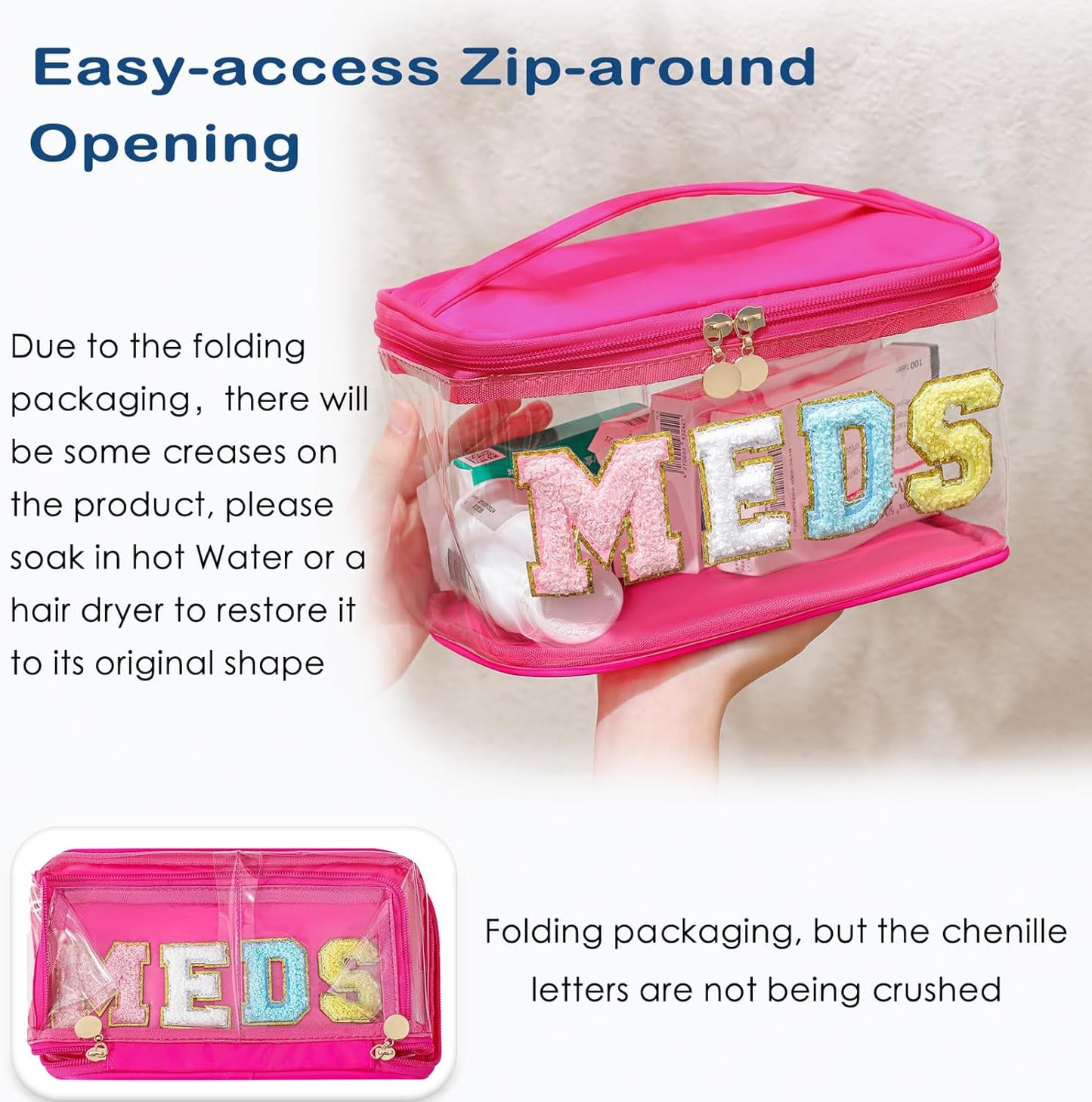 Personalized Chenille Letter Clear Skin Makeup Bag, Large Size Waterproof Nylon Cosmetic Toiletry Storage bag with Top Handle, Transparent Meds Skin Travel Organizer Cosmetic Bag(11Skin-Beige)