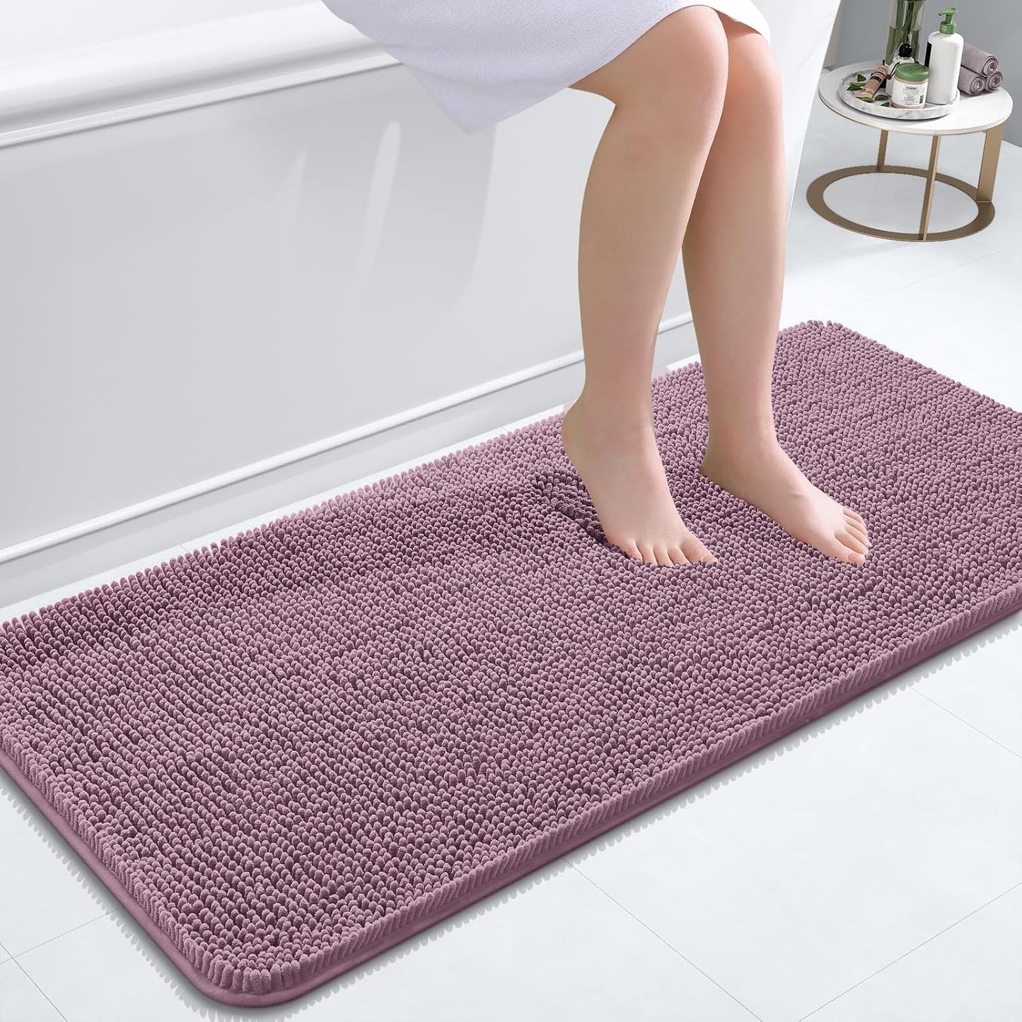 OLANLY Bathroom Rugs 47x20, Extra Soft Absorbent Chenille Bath Rugs, Rubber Backing Quick Dry, Machine Washable Bath Mats for Bathroom Floor, Tub and Shower, Home Decor Accessories, Deep Plum