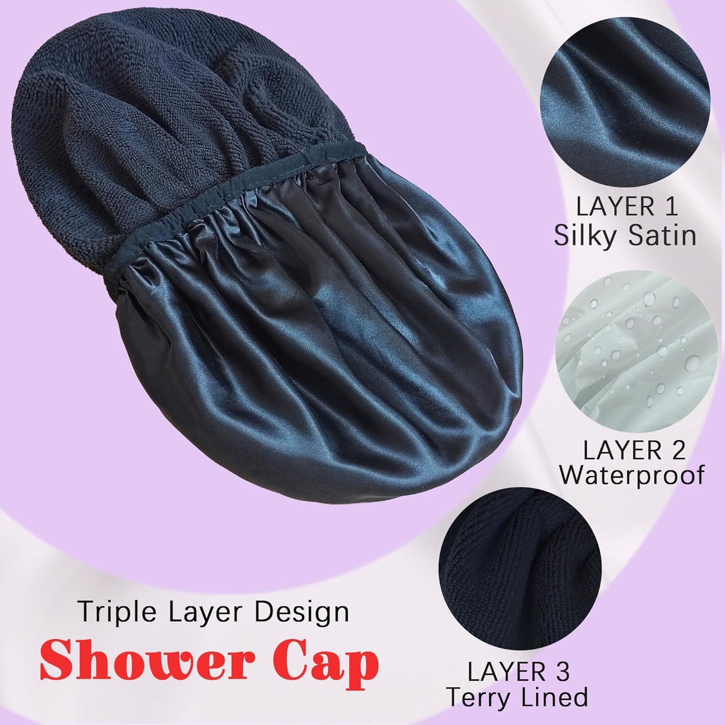 Shower Cap Reusable Waterproof, Terry Lined Shower Caps for Women, Triple Layer Hair Cap for Shower, Large Plastic Shower Cap for Braids Long Hair