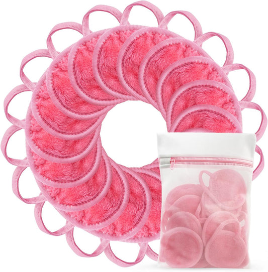 Nugilla 18 Packs Reusable Makeup Remover Pads with a Washable Laundry Bag, Resuable Microfiber Round Towel Skin Face Towels, Soft Makeup Remover Cloth, Fast Drying Washcloth (Pink)