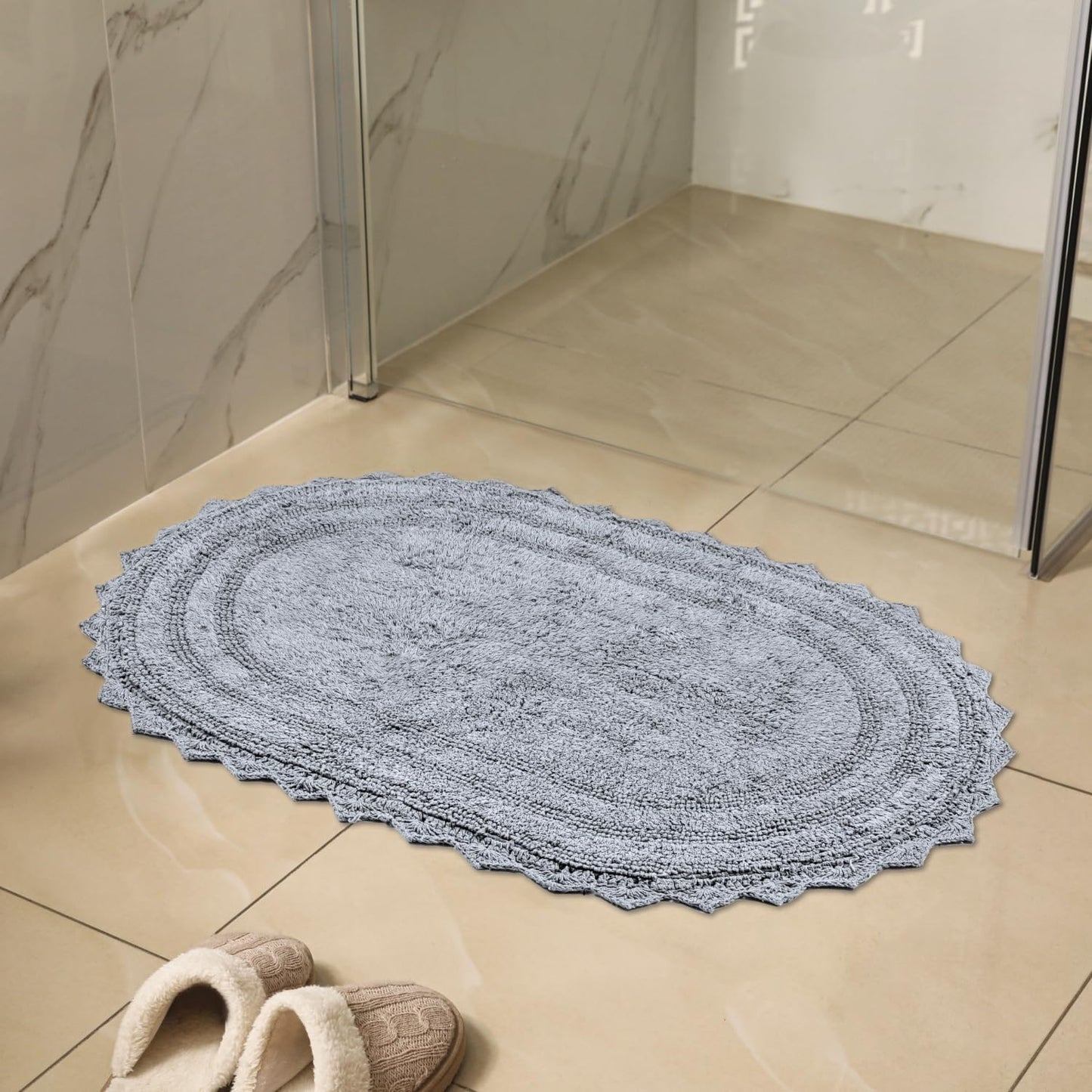 RAJRANG Bathroom Rug for Kitchen and Spa with Crochet Pattern Cotton Absorbent Soft Reversible Woven Bath Mat Light Grey Oval 34 x 21 Inches