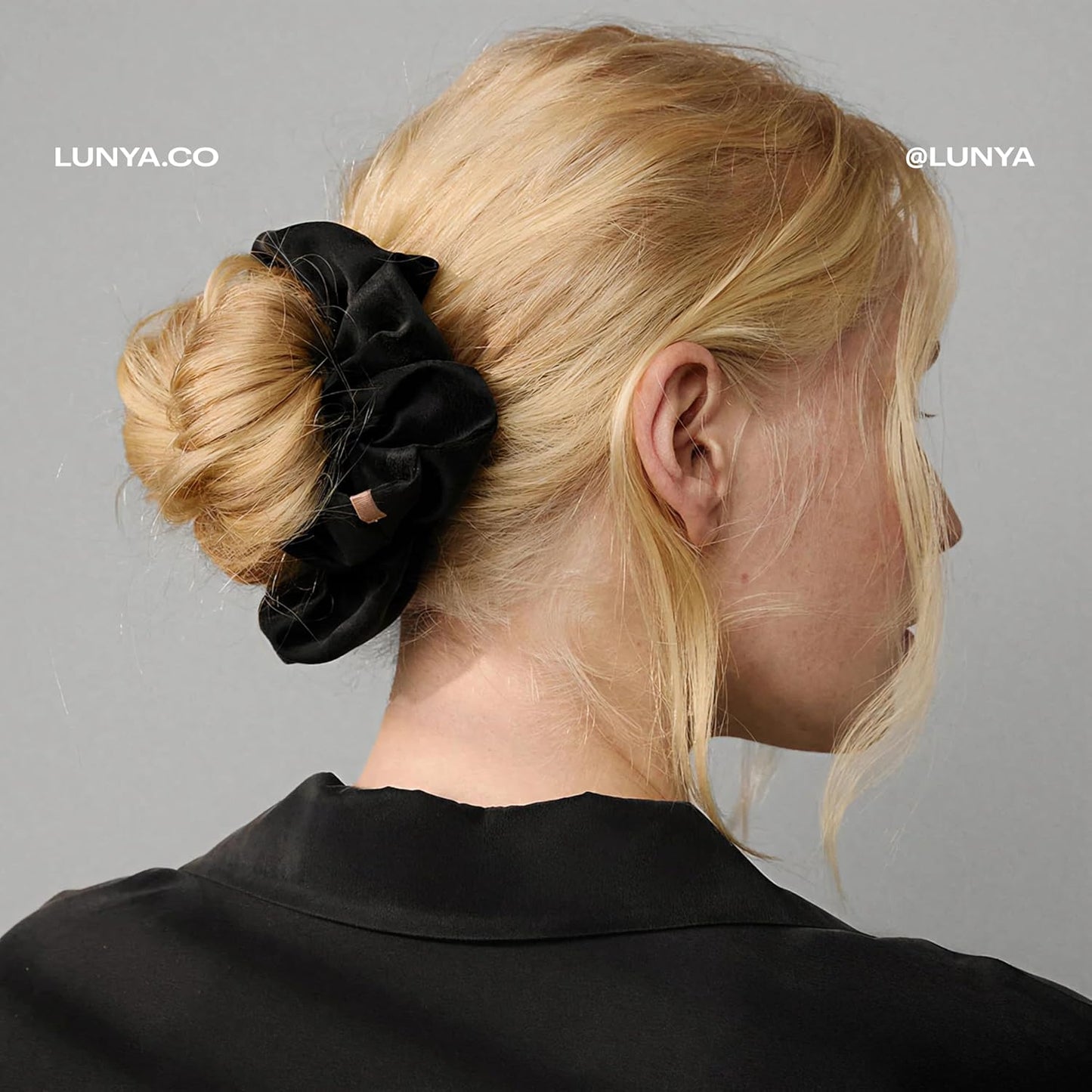 Lunya Washable Silk Scrunchies - Mulberry Silk Hair Ties - Gentle on Hair - Immersed Black - One Size Fits Most