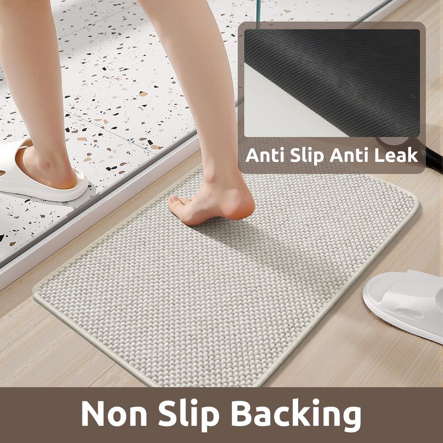 AMOAMI Chenille Bath Mat Super Absorbent Bathroom Mat Quick Dry Low Pile Bath Mats for Bathroom Washable Rubber Backed Bathroom Runners Fit Under Door, Front of Bathtub, Sink, Beige&White 24"x48"
