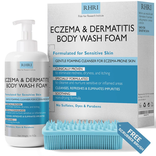 Eczema Body Wash Sensitive Skin | Eczema Treatment | Foaming Cleanser For Eczema Prone Skin | Soothes Dryness & Itching, Gentle On Eczema & Dermatitis, Sulfate-Free With Free Scrubber Brush