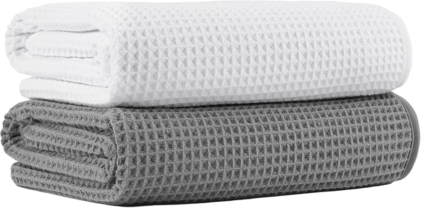 New Microfiber Waffle Bath Towels, 2 Pieces, Oversized, Soft, Absorbent, Fast Drying, Lint Free (Gray+White)