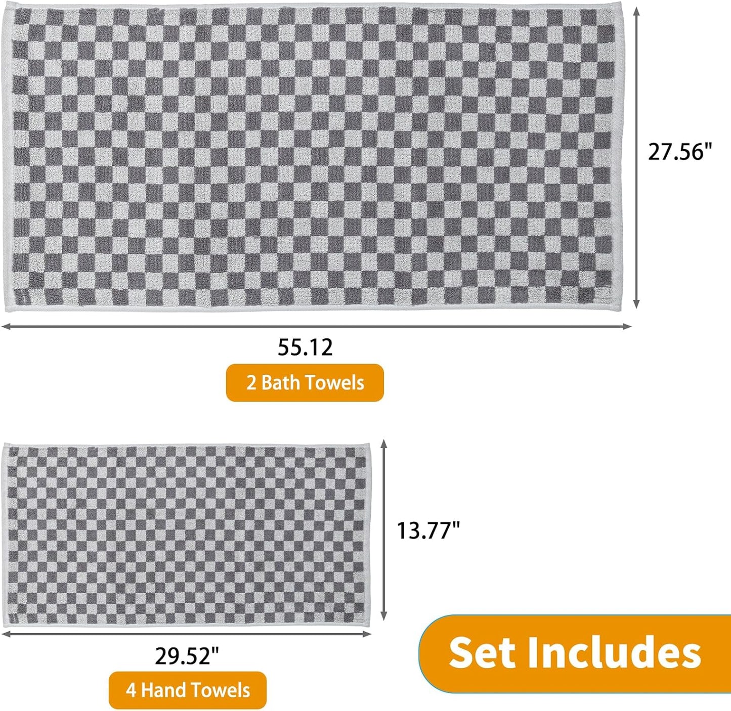 Checkered Bath Towels Set of 6 Large, 520GSM, 100% Cotton Shower Towels * 2 (55.12"*27.56"), Hand Towels * 4 (29.52"*13.77"),Towels for Bathroom、Pool、Hotel, Spa, Soft Absorbent（Grey）