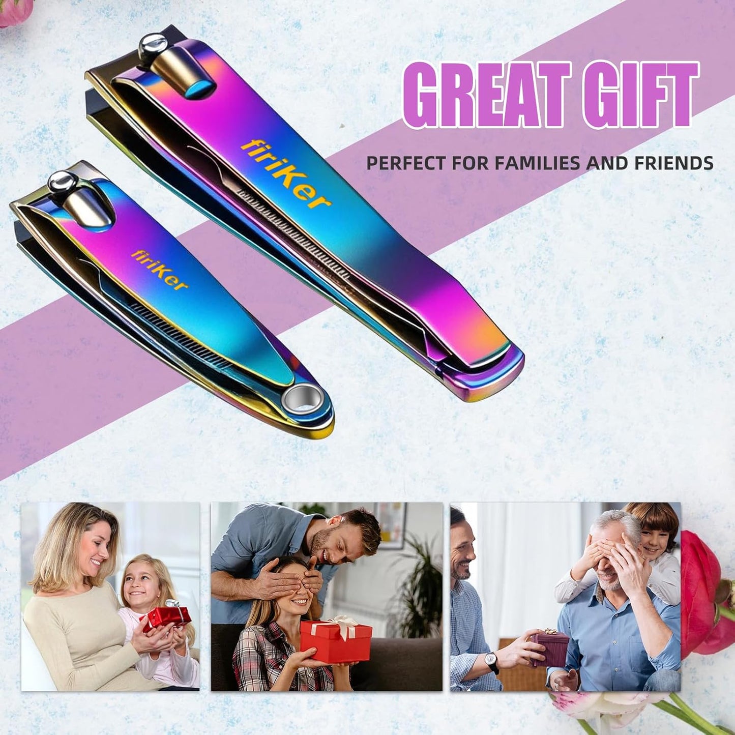 Nail Clipper Set, Sturdy Stainless Steel Fingernails & Toenails Clippers & Nail File, Sharp Effortless Fingernail Toenail Trimmer, Portable Nail Cutter for Women Men（Rainbow）