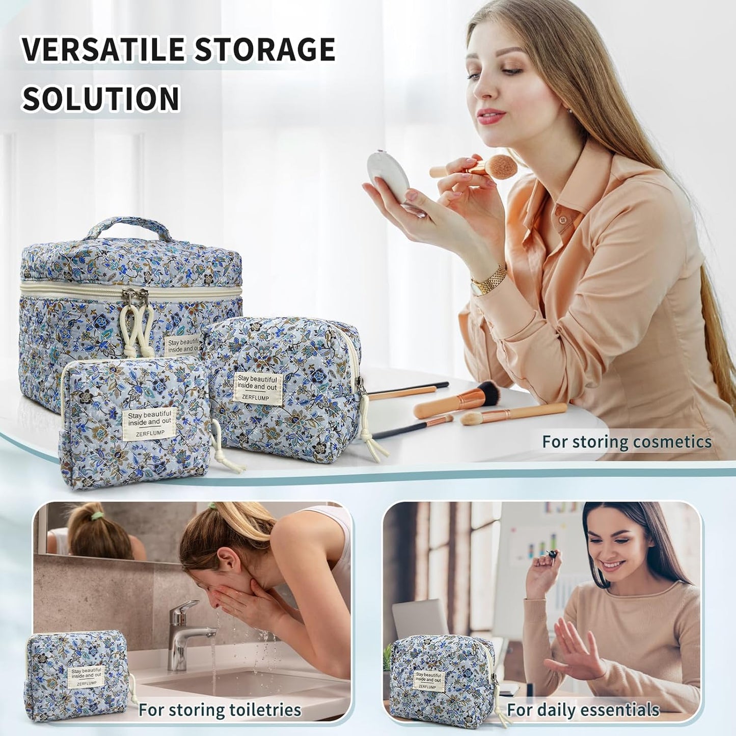 Cute Quilted Floral Makeup Bag(3Pcs)，Coquette Aesthetic Cosmetic Bag，Travel Toiletry Bags， Kawaii Aesthetic pouch for Women (62-BlueVine)