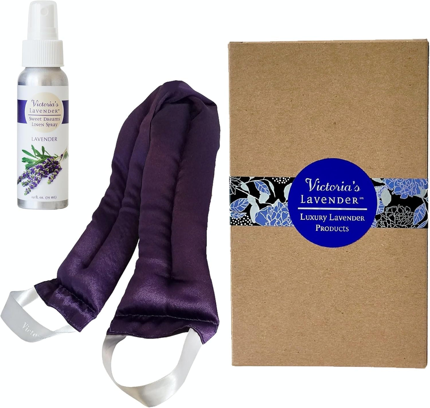 Victoria's Lavender Luxury Microwavable Aromatherapy Neck Wrap Neck Pain Comfort with Genuine Lavender & Flax Seed, Made in USA Linen Spray (2.5 oz) & Lavender Essential Oil - Gift Box Set (Set of 2)
